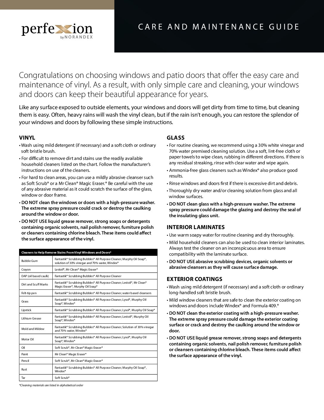 PerfeXion Care and Maintenance Brochure